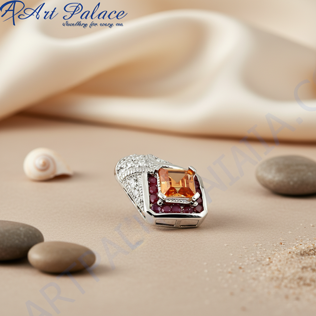 Silver Ring with Orange Gemstone & Ruby | Women's Ring