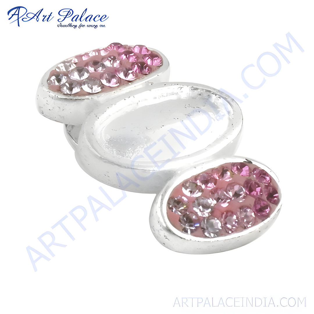 Sterling silver oval ring with pink crystals, a beautiful fashion jewelry piece for women.