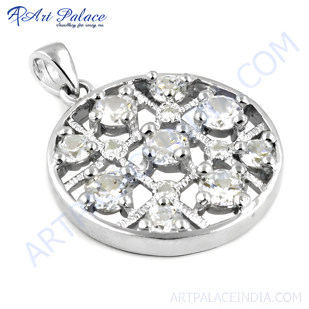 925 sterling silver round pendant with multiple sparkling cubic zirconia stones
