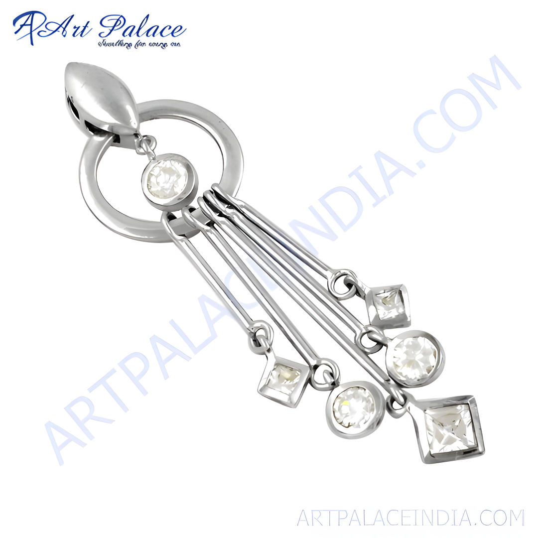 Silver dangle pendant with multiple cubic zirconia stones in round and square shapes, perfect for women.