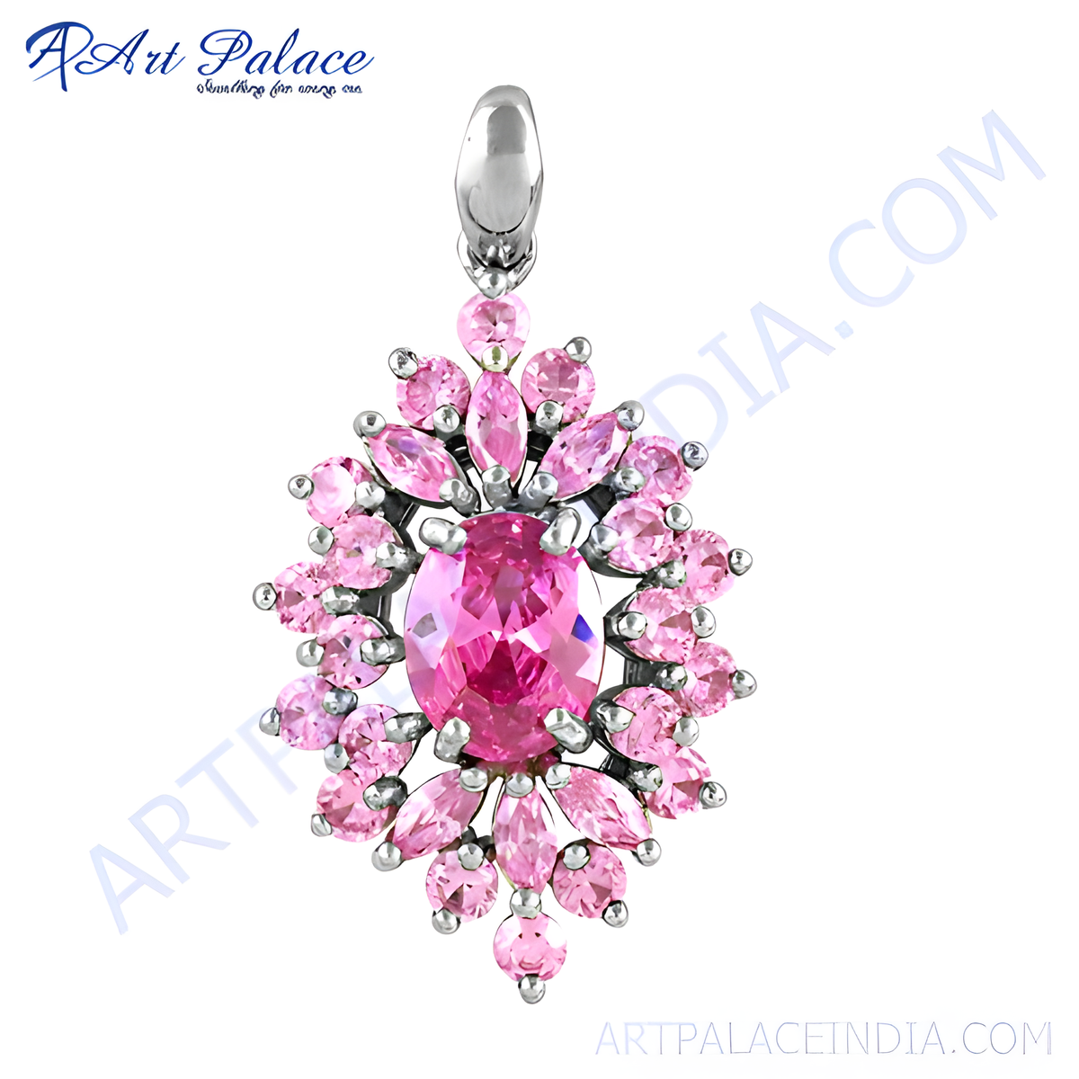 Sterling silver pendant with a large pink gemstone center and smaller pink stones surrounding it