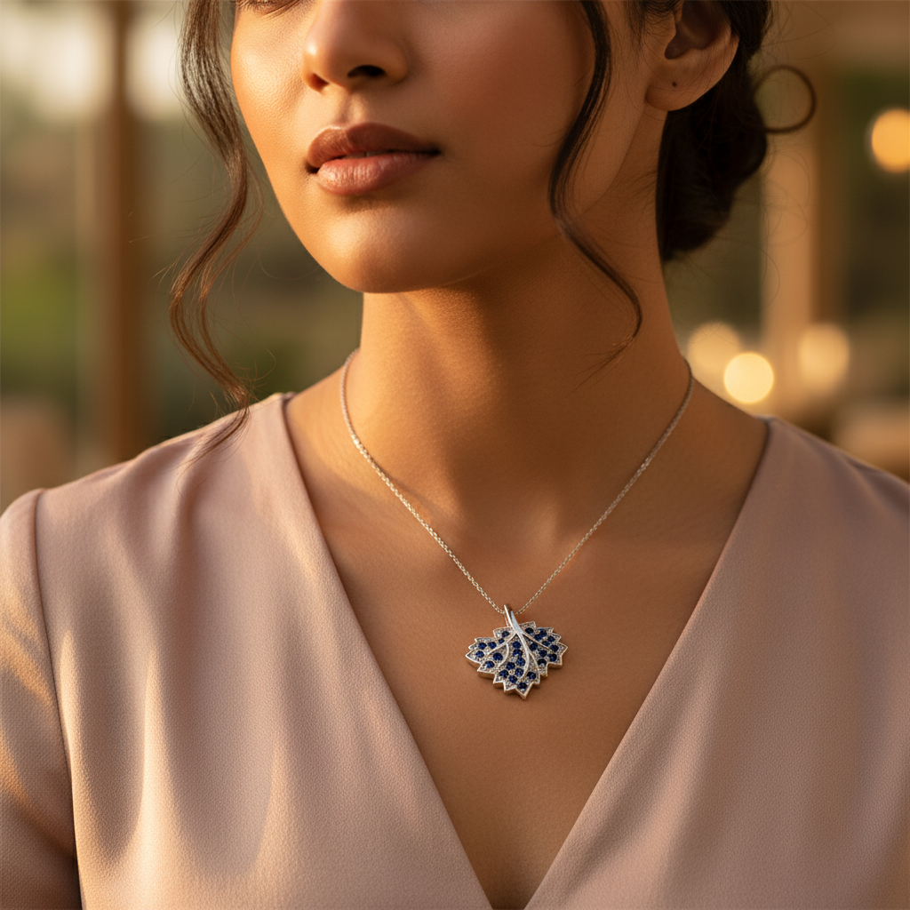 925 Silver Blue Sapphire Leaf Pendant for Women | Gift