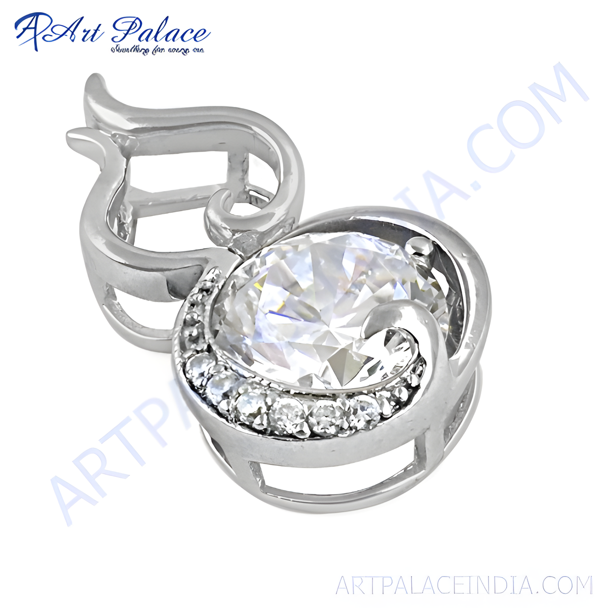 Sterling silver pendant with a large, clear cubic zirconia gemstone and smaller accent stones, set in a halo design