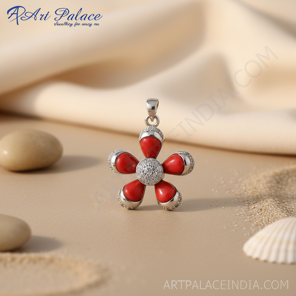 925 Silver Red Coral Flower Pendant for Women | Gift Jewelry