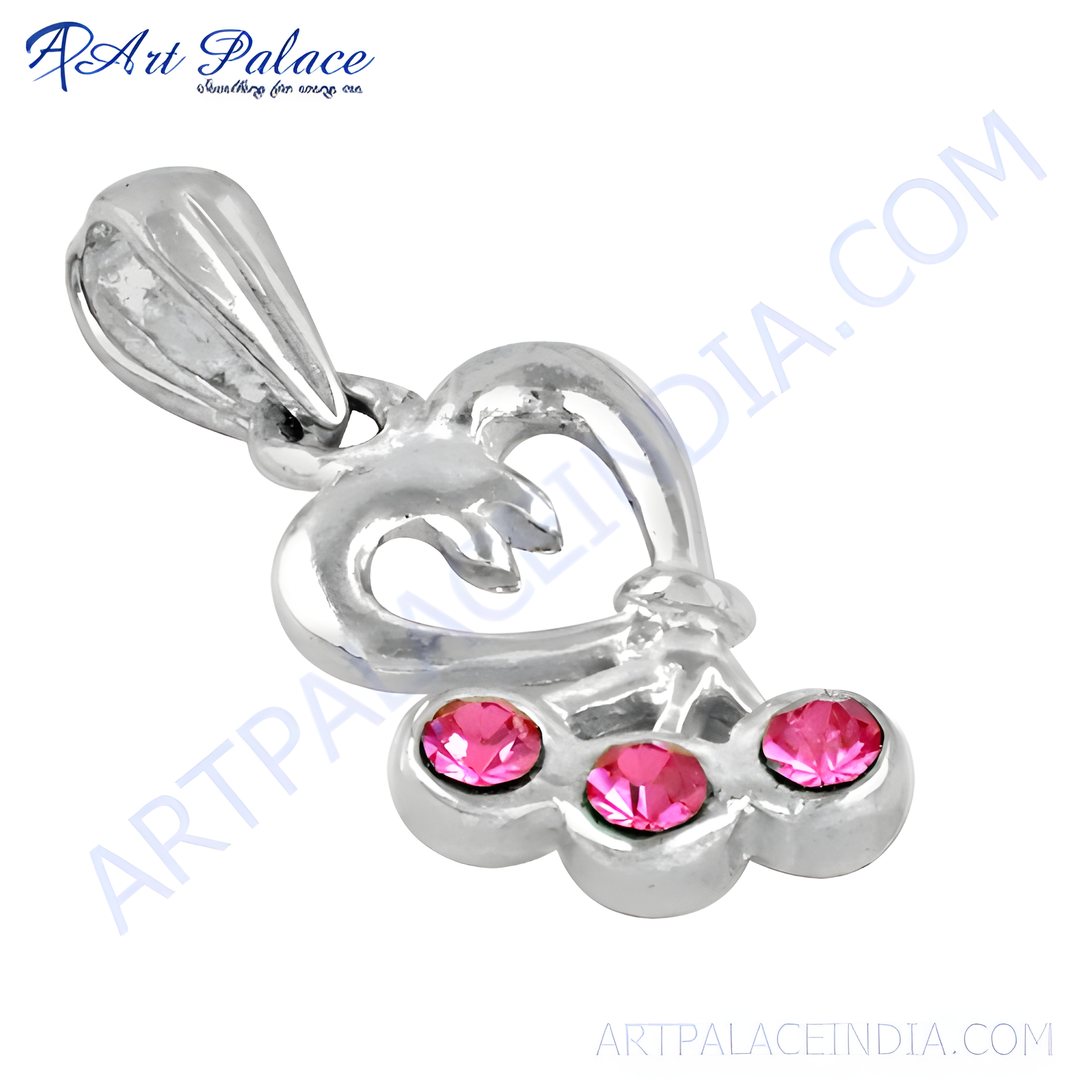 925 silver heart pendant with three pink cubic zirconia stones, perfect for women.