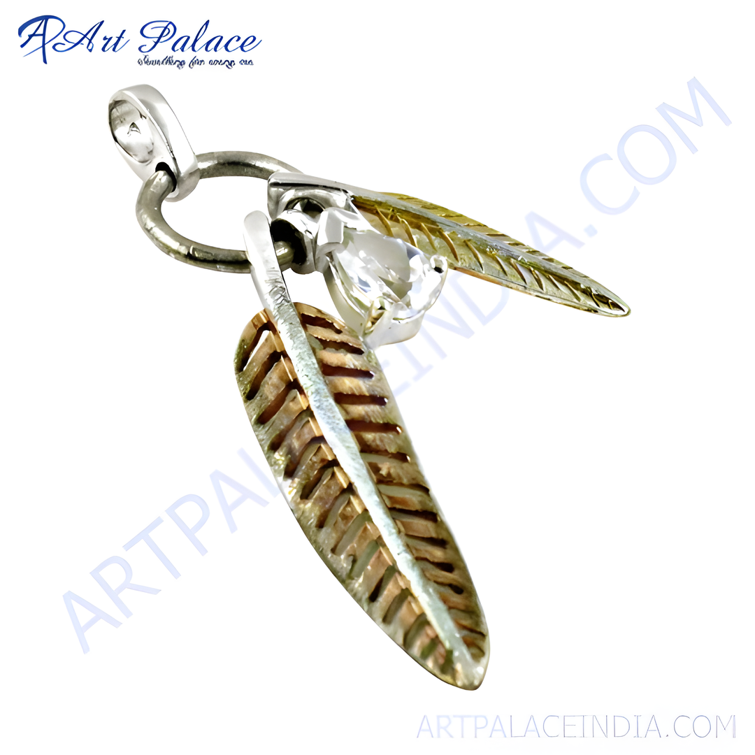 925 sterling silver feather pendant necklace with clear gemstone.