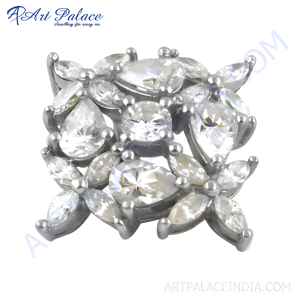 Silver cluster ring featuring a floral design with sparkling white cubic zirconia stones