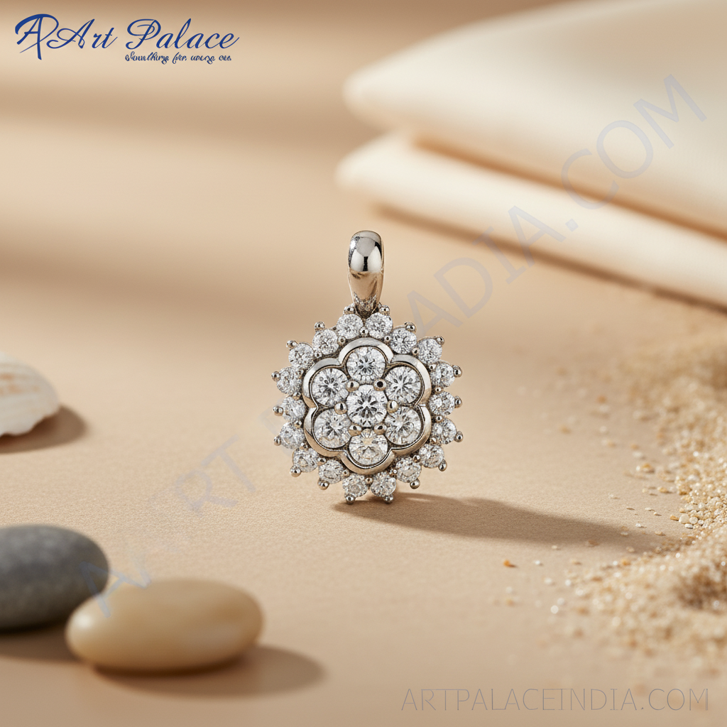 Silver Flower Pendant with Cubic Zirconia | Women's Gift