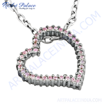 Load image into Gallery viewer, Sterling silver heart pendant necklace with pink sapphires, perfect for women&#39;s jewelry collection.
