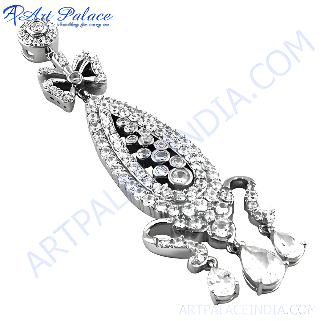 Silver diamond pendant necklace, featuring a teardrop design, set with sparkling clear gemstones.