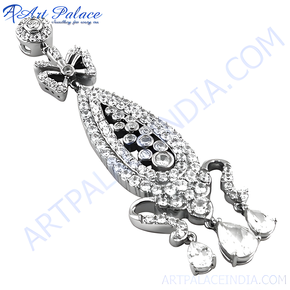 Silver diamond pendant necklace, featuring a teardrop design, set with sparkling clear gemstones