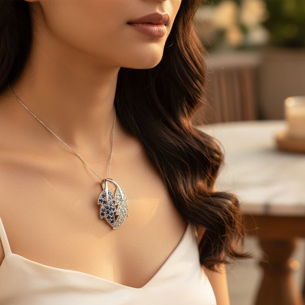 925 Silver Sapphire & CZ Leaf Pendant for Women | Gift