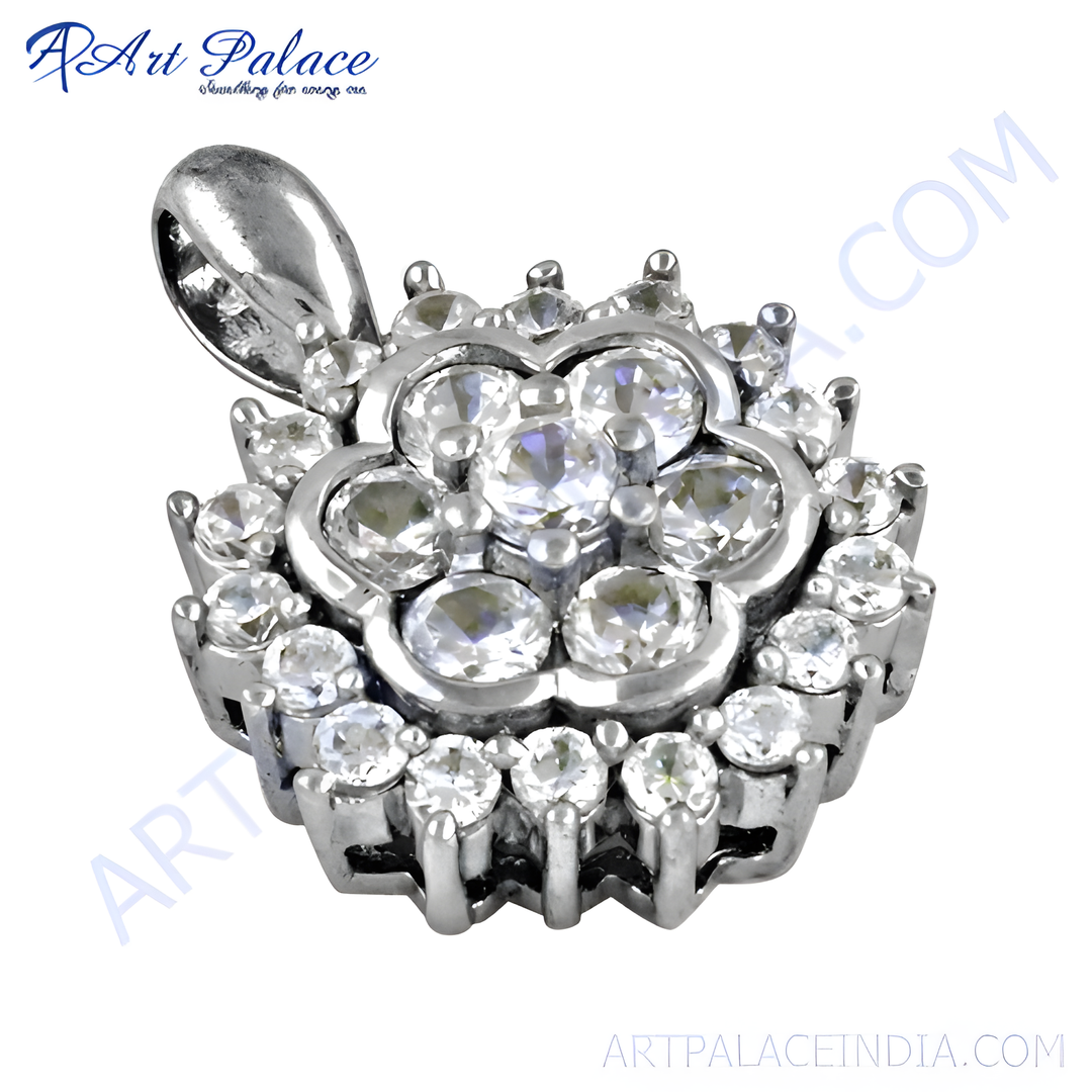 Silver flower pendant with sparkling cubic zirconia gemstones, ideal for women, elegant and timeless design