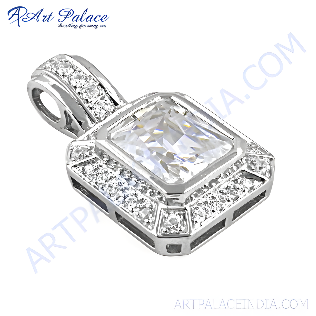 925 sterling silver pendant with a large central cubic zirconia stone and smaller stones around the frame.