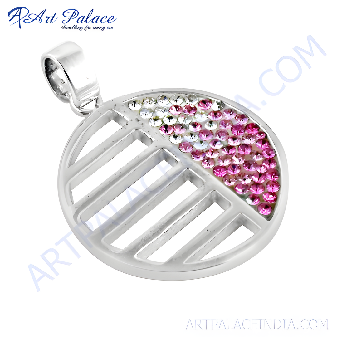 Sterling silver circle pendant with alternating clear and pink crystals, a beautiful and modern design.