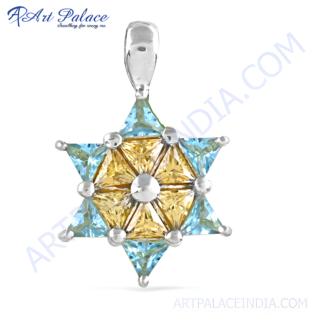 925 sterling silver star pendant with yellow and blue gemstones, women's fashion jewelry.
