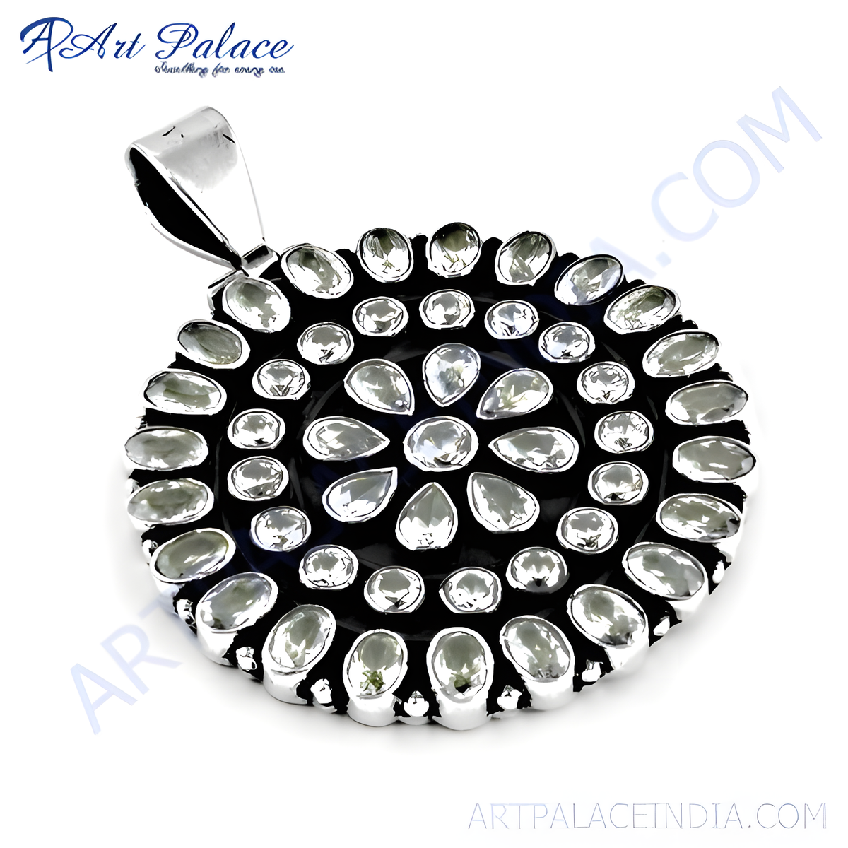 925 sterling silver gemstone pendant with a black background and white gemstones