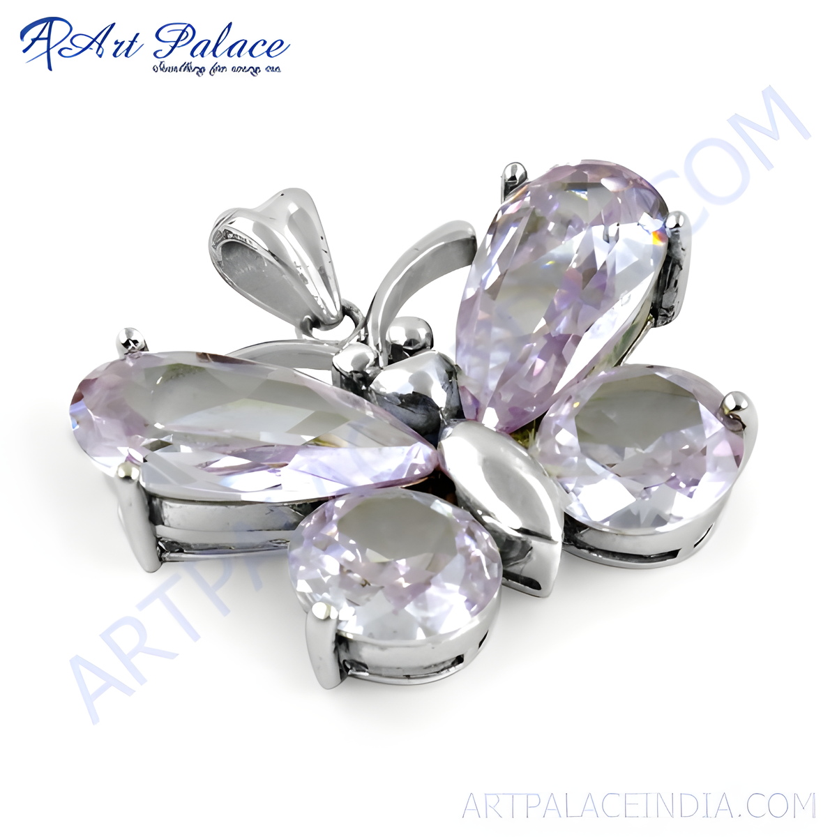 Silver gemstone pendant with teardrop and round cut light purple gemstones on a white background
