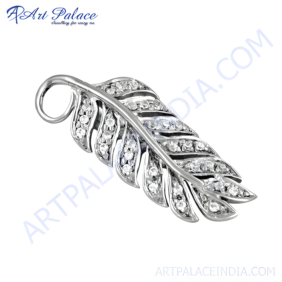 Sterling silver feather pendant with sparkling cubic zirconia stones, perfect for a necklace