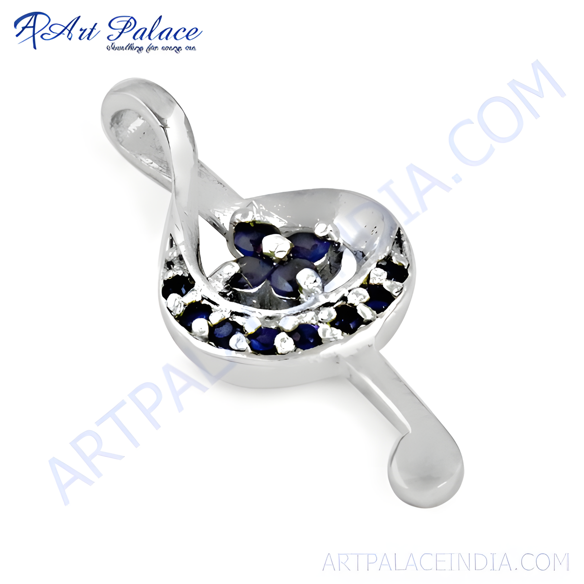925 sterling silver treble clef pendant with blue sapphire gemstones
