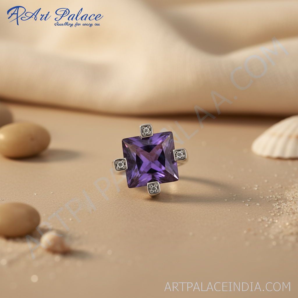 Silver Square Amethyst Ring for Women | Gemstone Jewelry