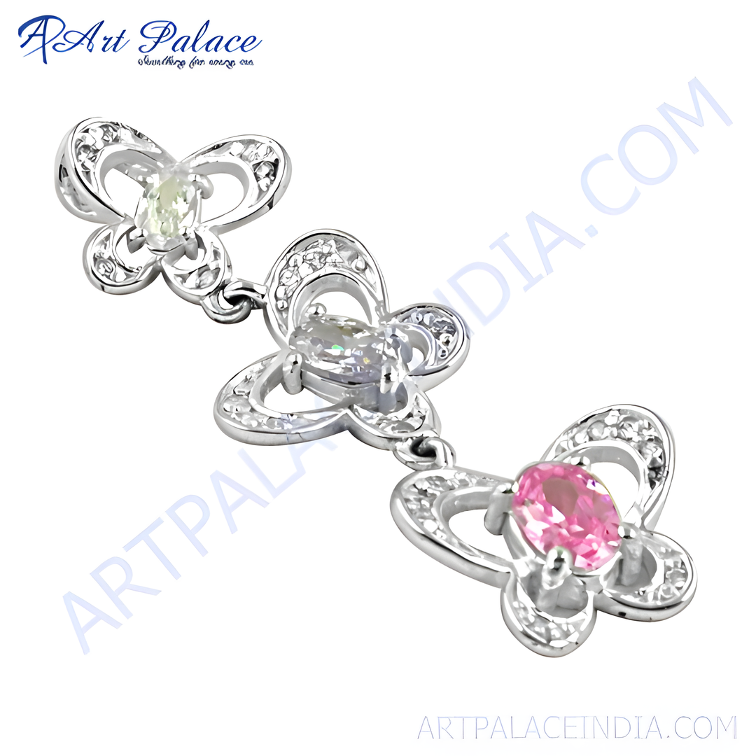 925 sterling silver butterfly pendant necklace with pink gemstone and cubic zirconia accents