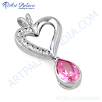 Load image into Gallery viewer, Sterling silver heart pendant necklace with clear stones and a pink gemstone drop.
