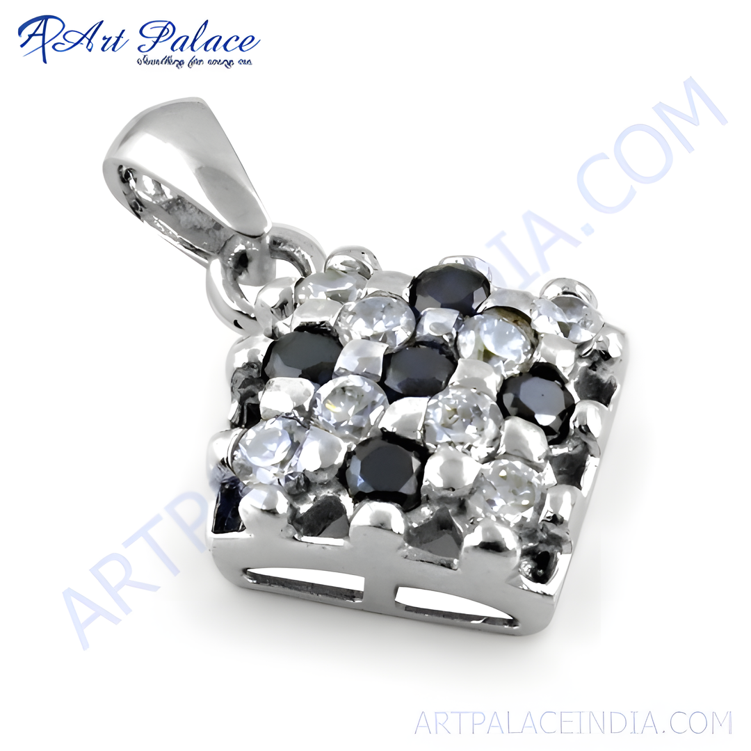 925 sterling silver square pendant necklace with white and black cubic zirconia gemstones.