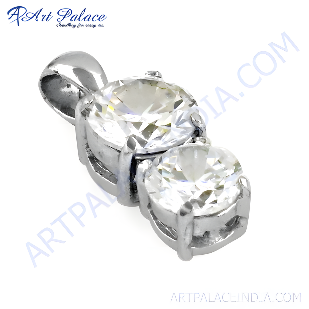 Sterling silver pendant with two round, sparkling cubic zirconia stones, perfect for elegant wear.