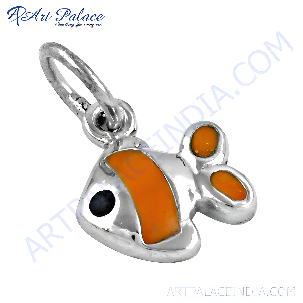 Sterling silver clownfish charm pendant with orange and black enamel detailing