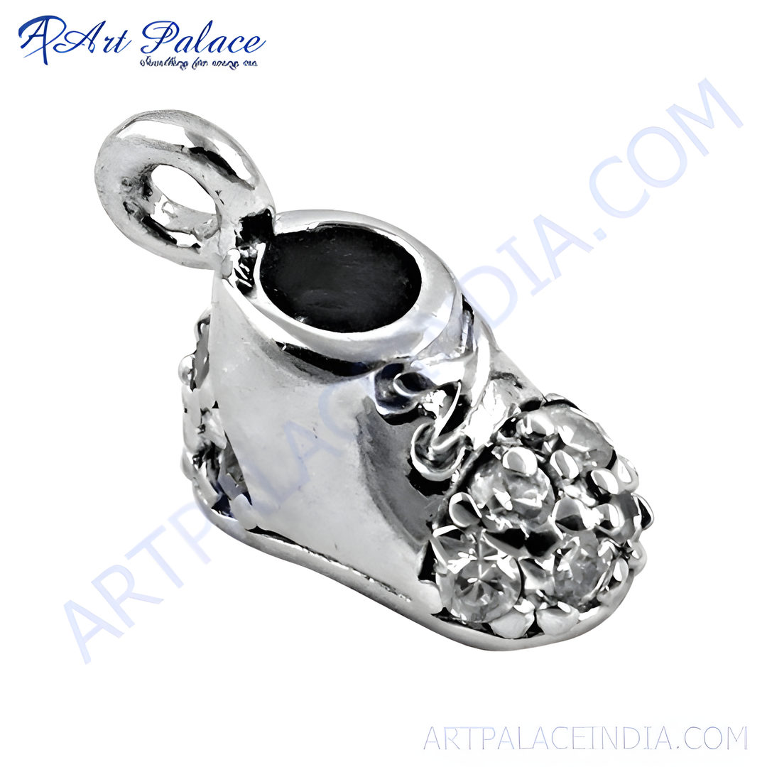925 sterling silver baby shoe pendant with sparkling cubic zirconia stones.