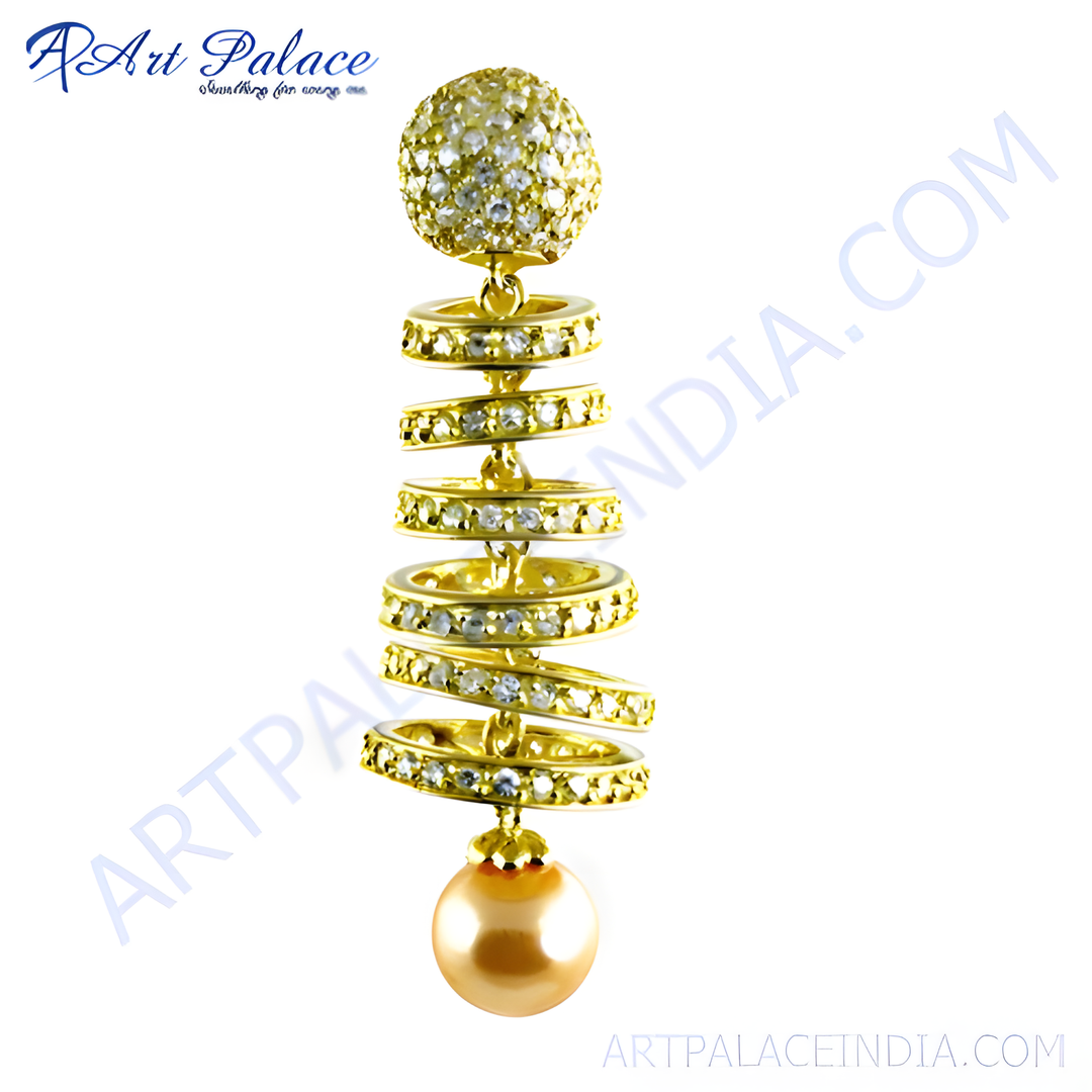 gold plating dangle earrings with a spiral design and a gold plating pearl at the base.