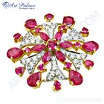 Load image into Gallery viewer, gold plating-plated brooch featuring a floral design with rubies and diamonds, ideal for adding elegance to any outfit.
