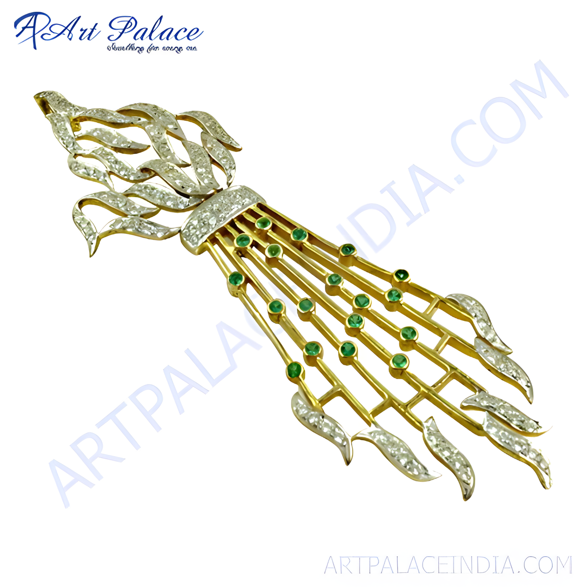 Gold plating brooch featuring emeralds and diamonds