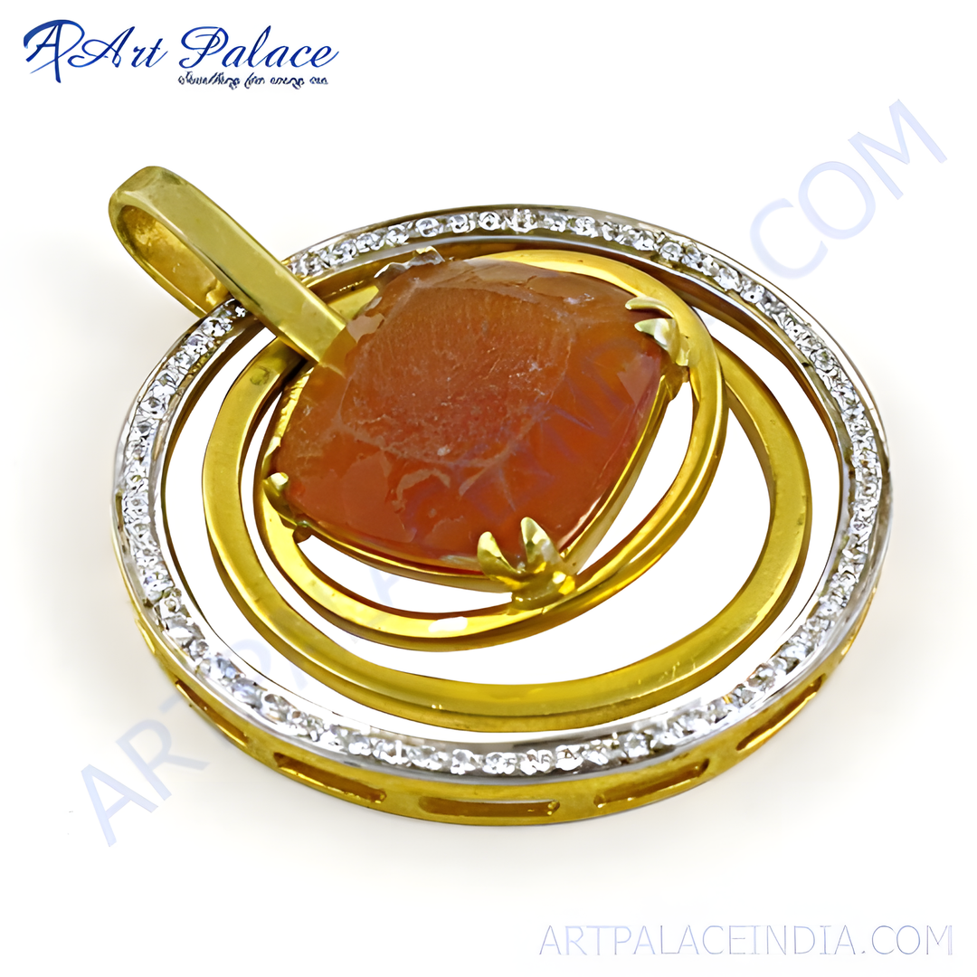 gold plating pendant with carnelian gemstone center and sparkling accents