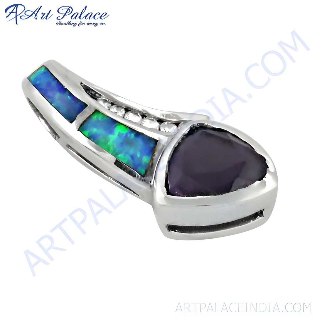 925 sterling silver pendant with blue opal and purple amethyst gemstones.