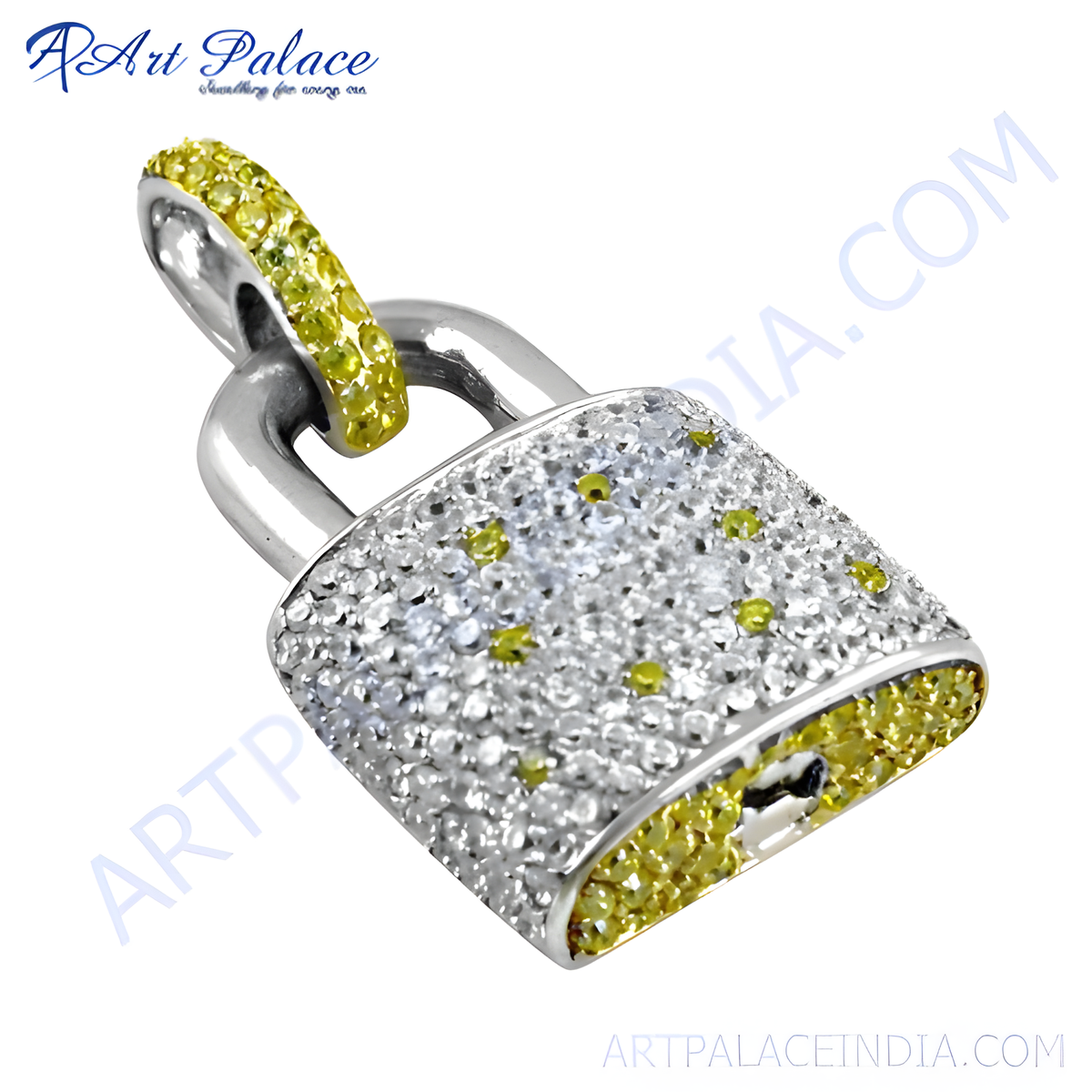 Sterling silver padlock pendant with sparkling cubic zirconia stones in yellow and clear colors