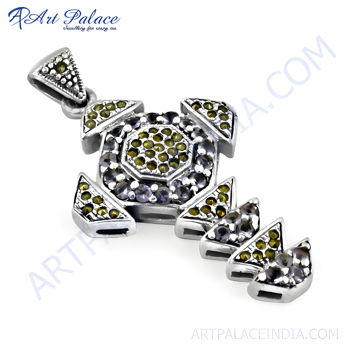 Sterling silver gemstone pendant with a unique geometric design featuring colorful stones