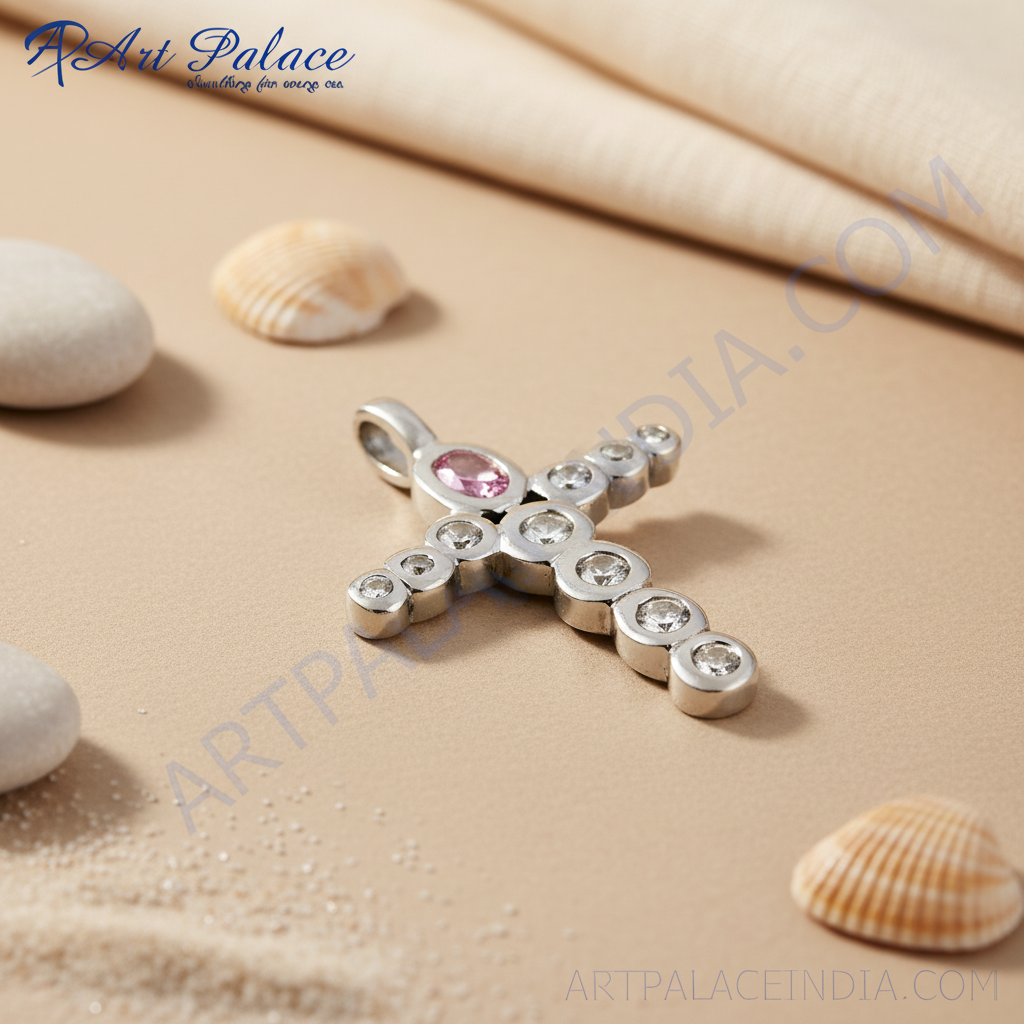 Silver Cross Pendant with Pink & White Gemstones | Gift for Her