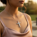 Load image into Gallery viewer, Silver Cross Pendant with Pink &amp; White Gemstones | Gift for Her
