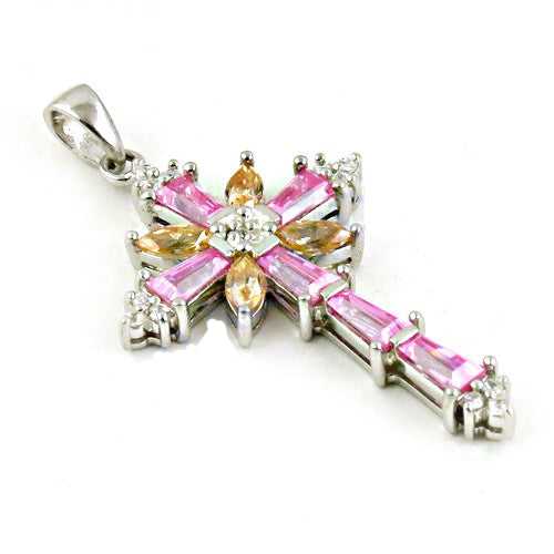 925 Silver Pink & Yellow Gemstone Cross Pendant for Women