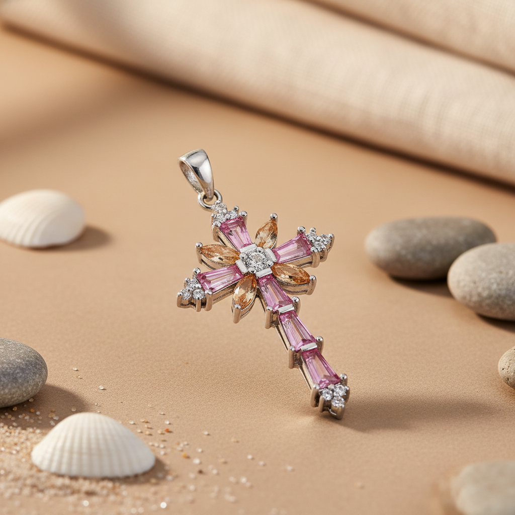 925 Silver Pink & Yellow Gemstone Cross Pendant for Women
