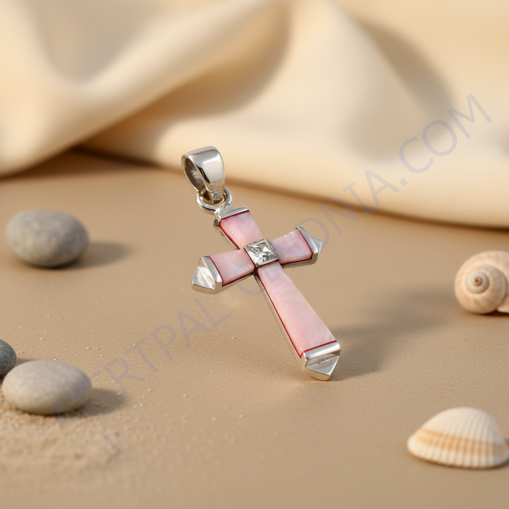 925 Silver Pink Mother of Pearl Cross Pendant | Religious Jewelry
