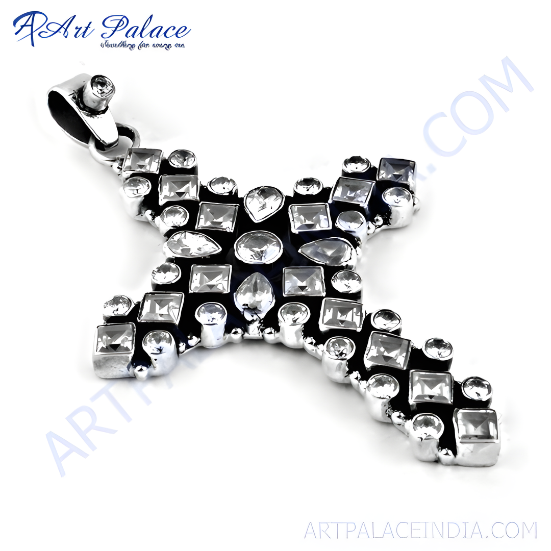 Sterling silver cross pendant studded with sparkling cubic zirconia stones, perfect for gifting and daily wear.