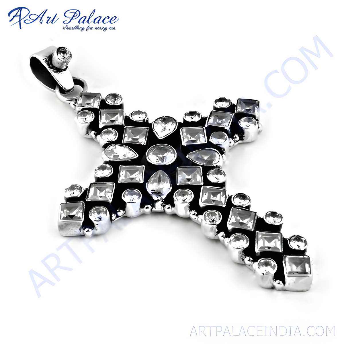 Sterling silver cross pendant studded with sparkling cubic zirconia stones, perfect for gifting and daily wear