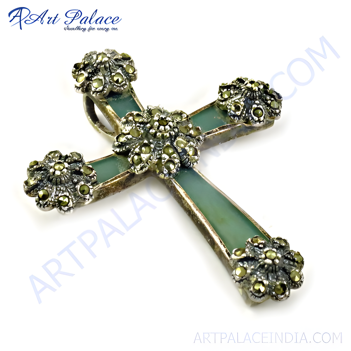 Vintage marcasite cross pendant necklace with green stone inlay and silver detailing, a unique religious jewelry piece