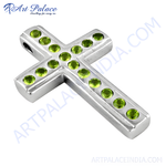 Load image into Gallery viewer, Sterling silver cross pendant with round green gemstones, a beautiful and classic piece.
