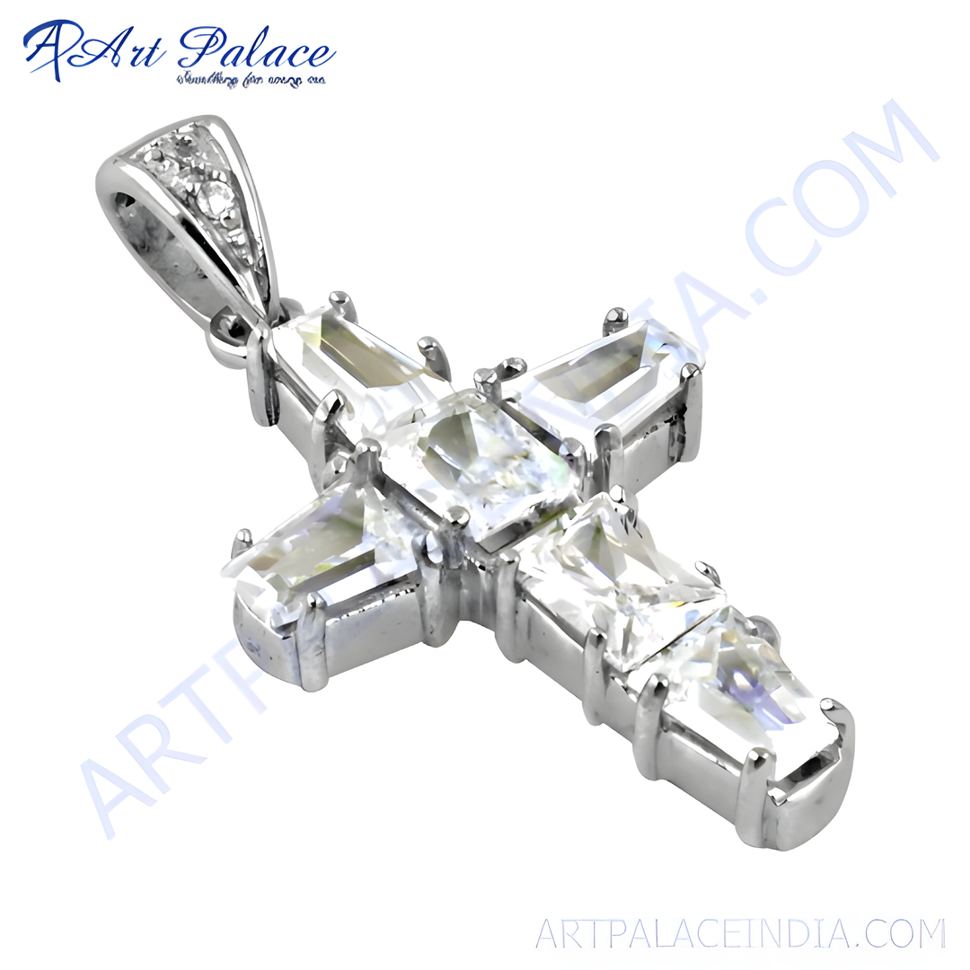 925 sterling silver cross pendant necklace with baguette-cut cubic zirconia gemstones.