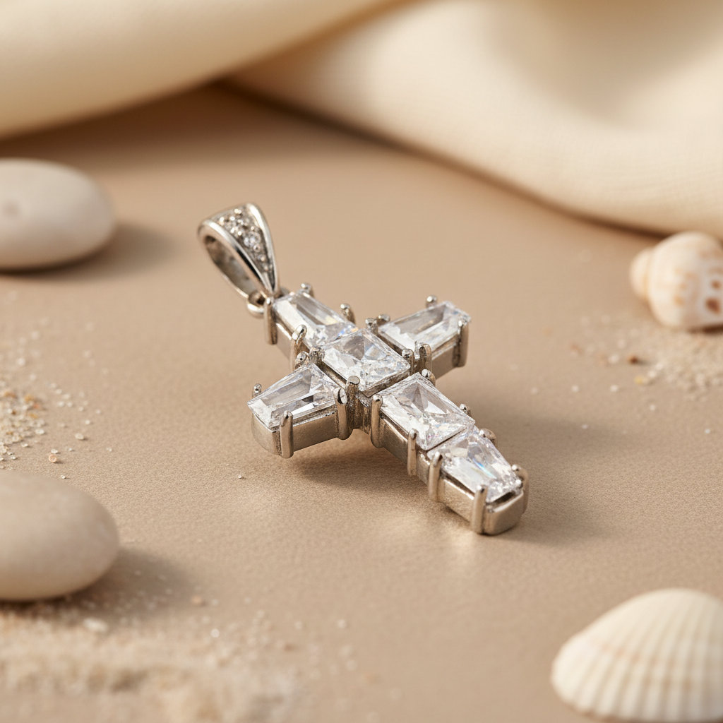 925 Silver Cross Pendant Necklace | Baguette Cut Cubic Zirconia