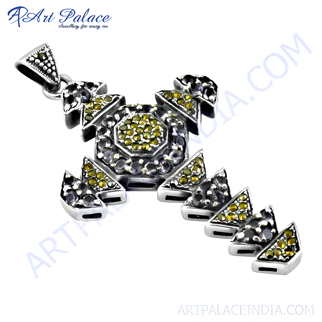 Sterling silver cross pendant with black and yellow gemstones, a beautiful and detailed piece of jewelry.